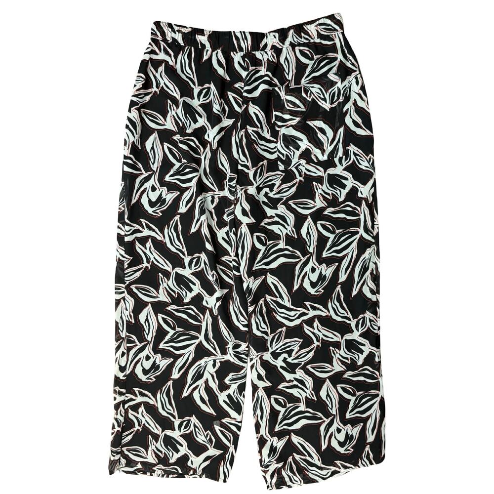 Calvin Klein Black White Red Floral Leaf Crepe Wide Leg Pants size L NEW Tags - Picture 3 of 16
